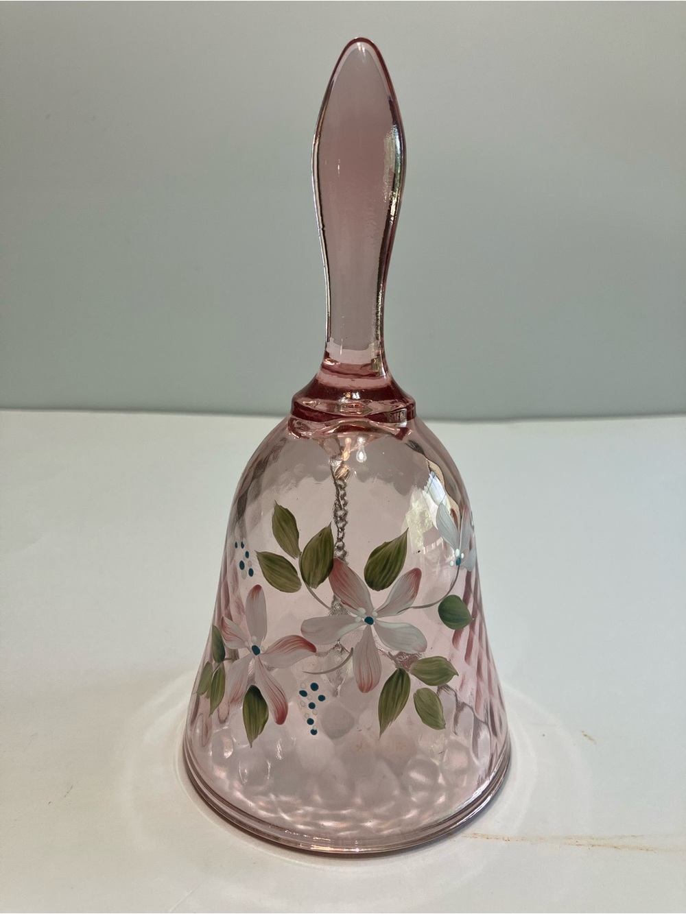 Vintage PINK FENTON Art GLASS BELL Optic Diamond Hand Painted Flowers Signed